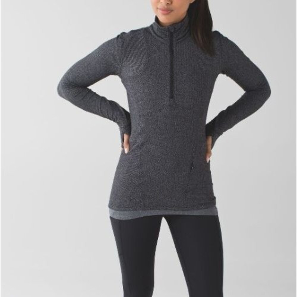 Lululemon Herringbone Half Zip Running Pullover Jacket Black Grey Secret Pocket